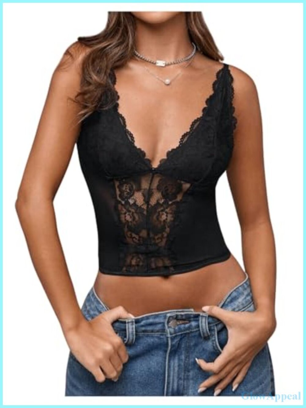 Mesh Lace Bustier Top Deep V Spaghetti Strap Crop Cami Slim Fit